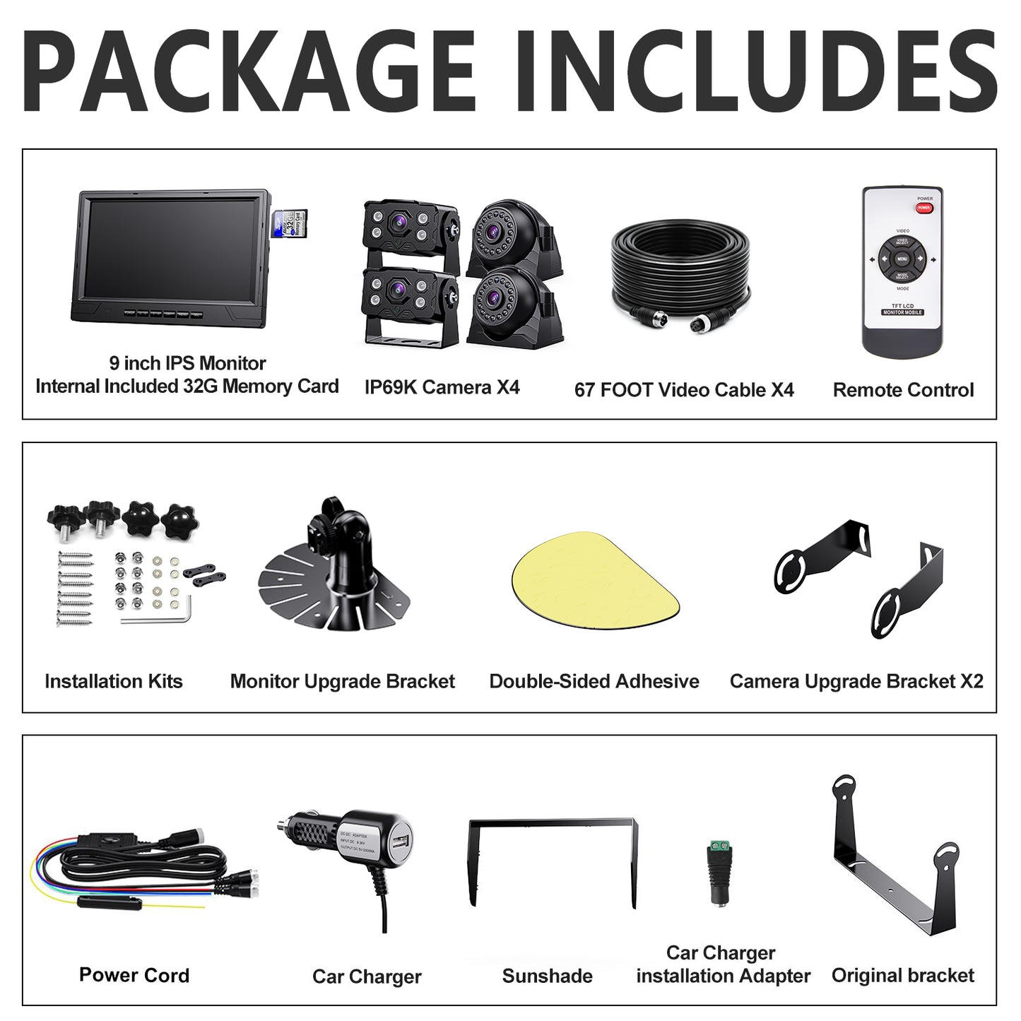 DVKNM Ultimate 9"AHD-IPS Monitor 1080P HD-DVR Recording,Quad Split Backup Camera Complete Kit for Car, Truck, RV, IP69K Waterproof Camera,Sharp Rear View,Split Image,Included SD Card, Easy DIY Install