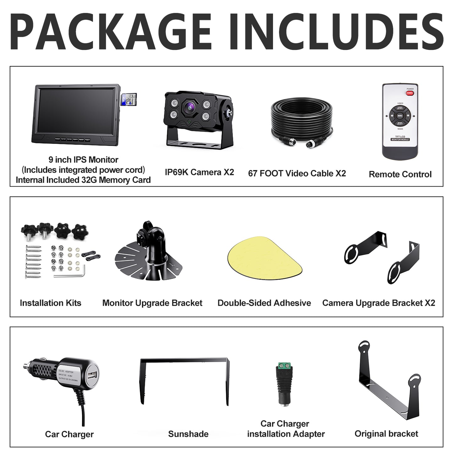 DVKNM Ultimate 9"AHD-IPS Monitor 1080P HD-DVR Recording, Dual Split Backup Camera Complete Kit for Car, Truck, RV,IP69K Waterproof Camera,Sharp Rear View,Split Image,Included SD Card, Easy DIY Install