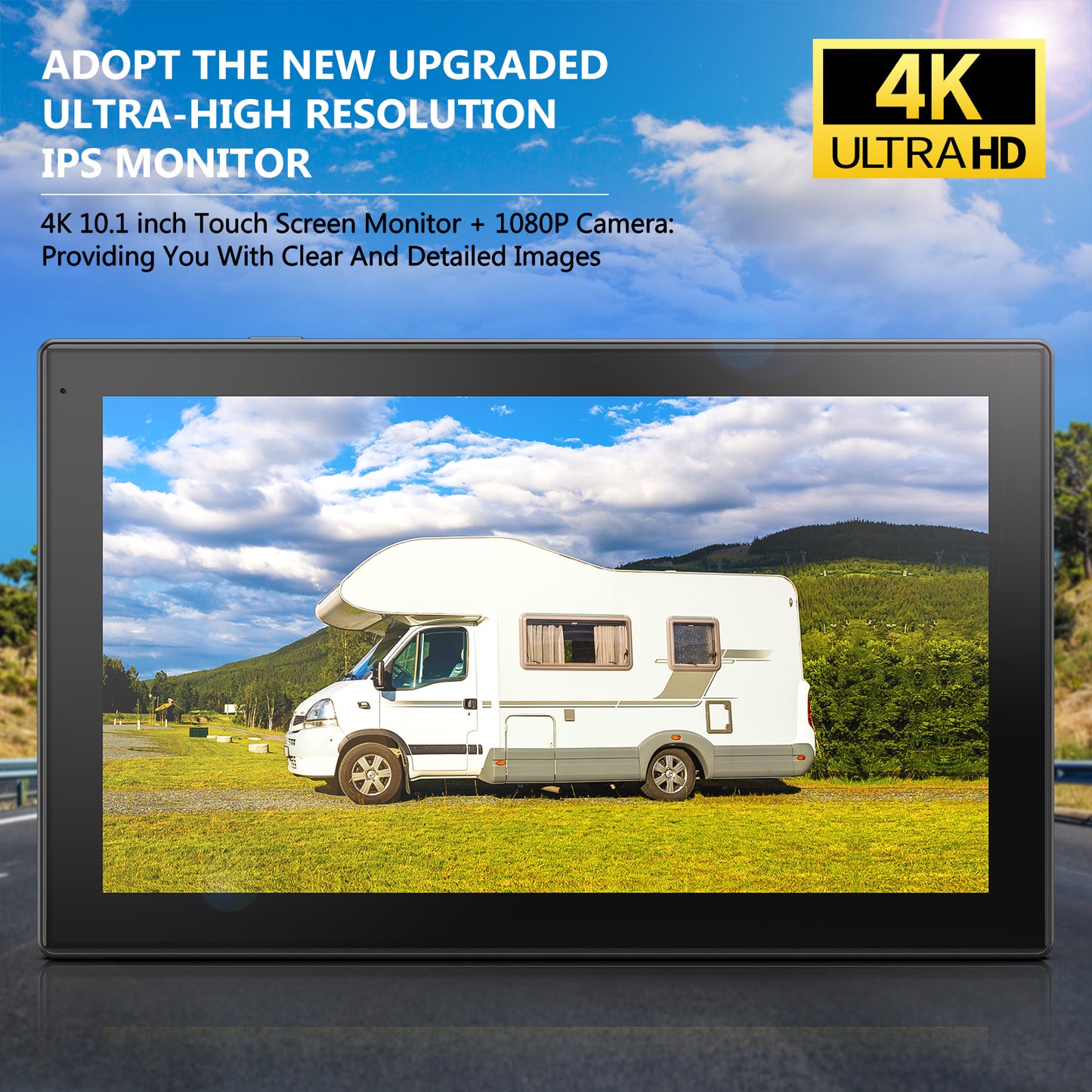 DVKNM 4K RV Backup Camera System for Truck Car Trailer,10.1" Quad Split Touch Screen Monitor,1080P HD Rear View Camera with DVR Recording,Bluetooth Music,USB Video Play,Night Vision,IP69K Waterproof
