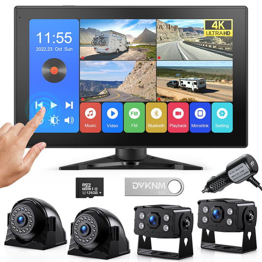 DVKNM 4K RV Backup Camera System for Truck Car Trailer,10.1" Quad Split Touch Screen Monitor,1080P HD Rear View Camera with DVR Recording,Bluetooth Music,USB Video Play,Night Vision,IP69K Waterproof