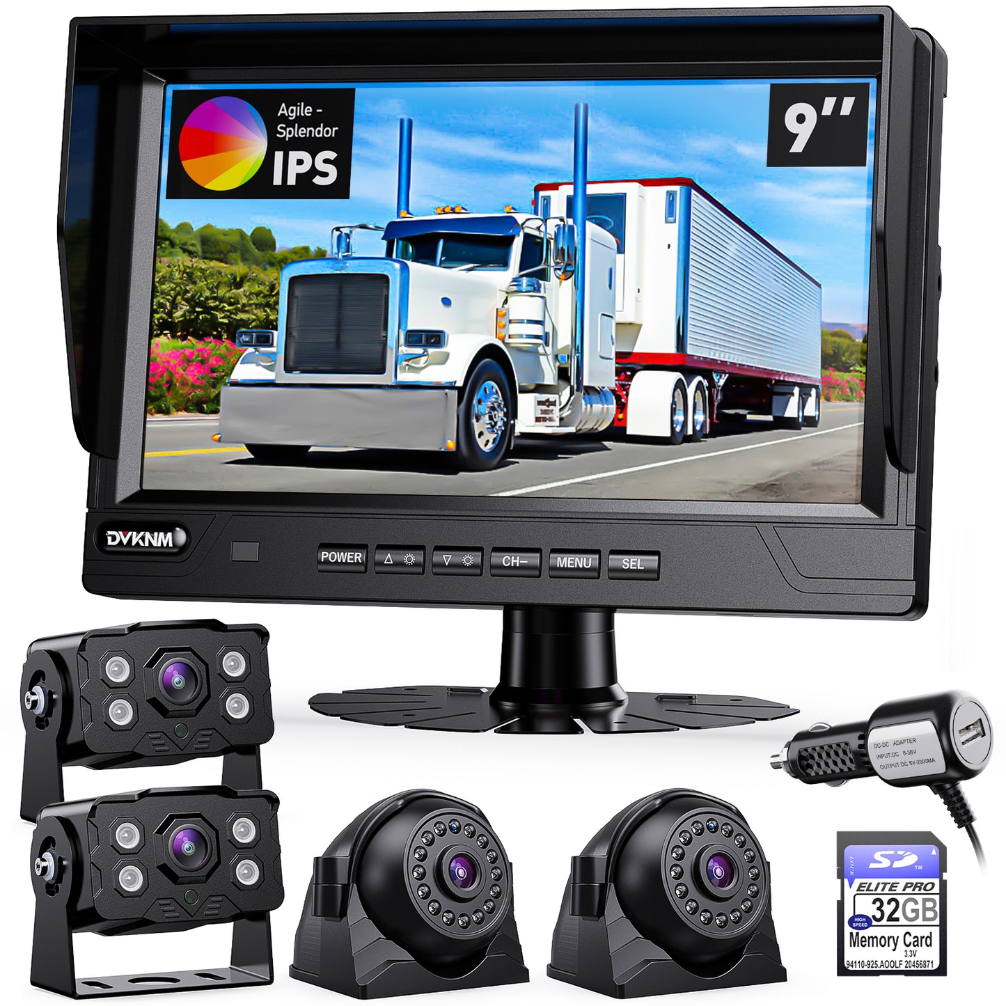 DVKNM Ultimate 9"AHD-IPS Monitor 1080P HD-DVR Recording,Quad Split Backup Camera Complete Kit for Car, Truck, RV, IP69K Waterproof Camera,Sharp Rear View,Split Image,Included SD Card, Easy DIY Install